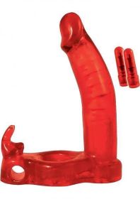 Double Penetrator Rabbit Cockring Vibrating Waterproof - Red