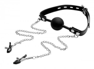 Strict Silicone Ball Gag with Nipple Clamps - Black